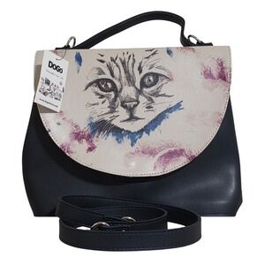 DOGO Cat Sketch Vegan Leather Satchel Bag Womens Medium Navy Blue Crossbody NEW